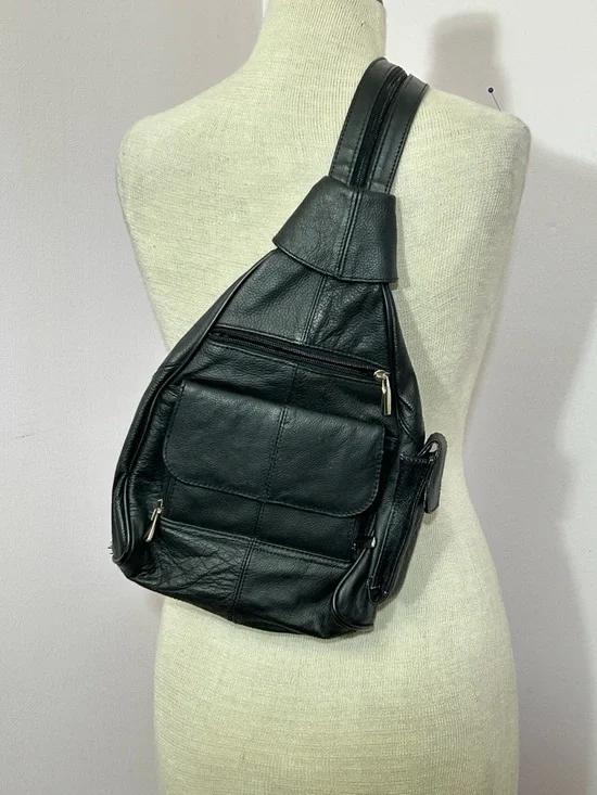 90s Black Leather Sling Backpack - Picture 1 of 8